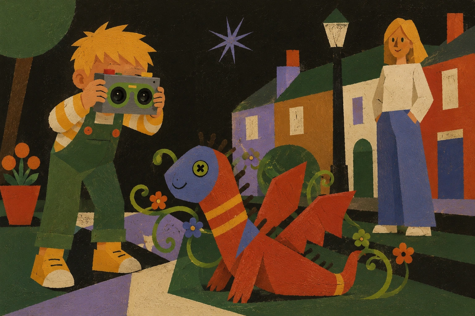 A child photographing an imagined creature while a parent looks on